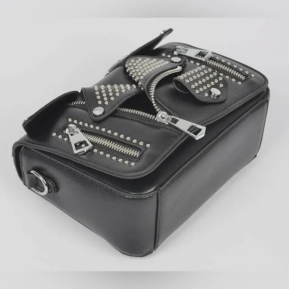 Faux Leather Studded Motto Jacket Clutch w/ Detachable Strap- Black NWT - Picture 3 of 7
